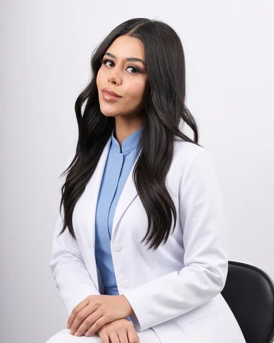 Dra. Grecia Castrejón, ortodoncista en Polanco, Ciudad de México, sentada con bata blanca sobre uniforme clínico azul